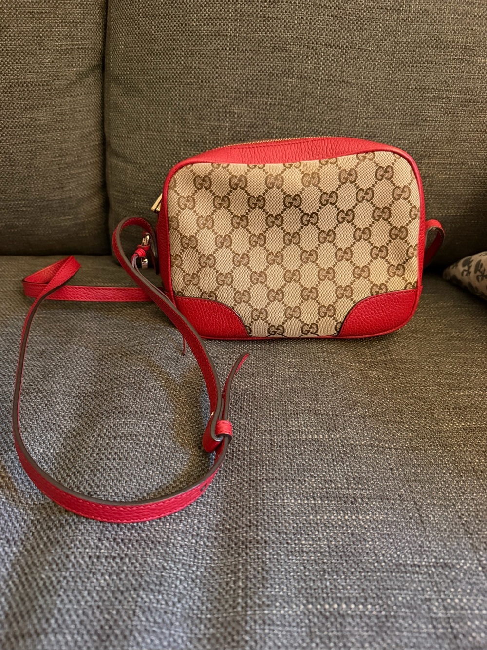Gucci Beige GG Canvas Crossbody with Red Leather Trim